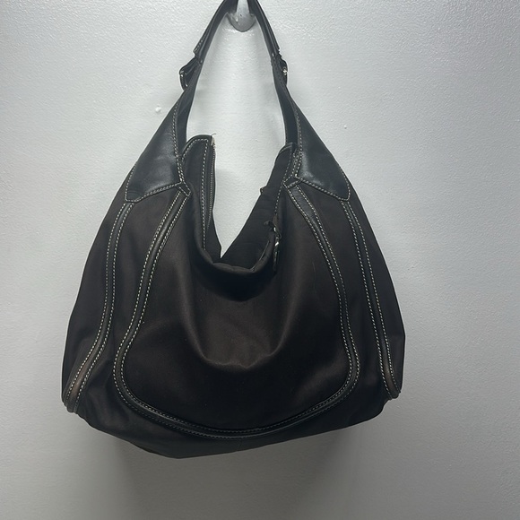 Tod's Purse Shoulder Handbag Hobo Tote Bag Leather Nylon Dark Brown Gold Large - Picture 3 of 11